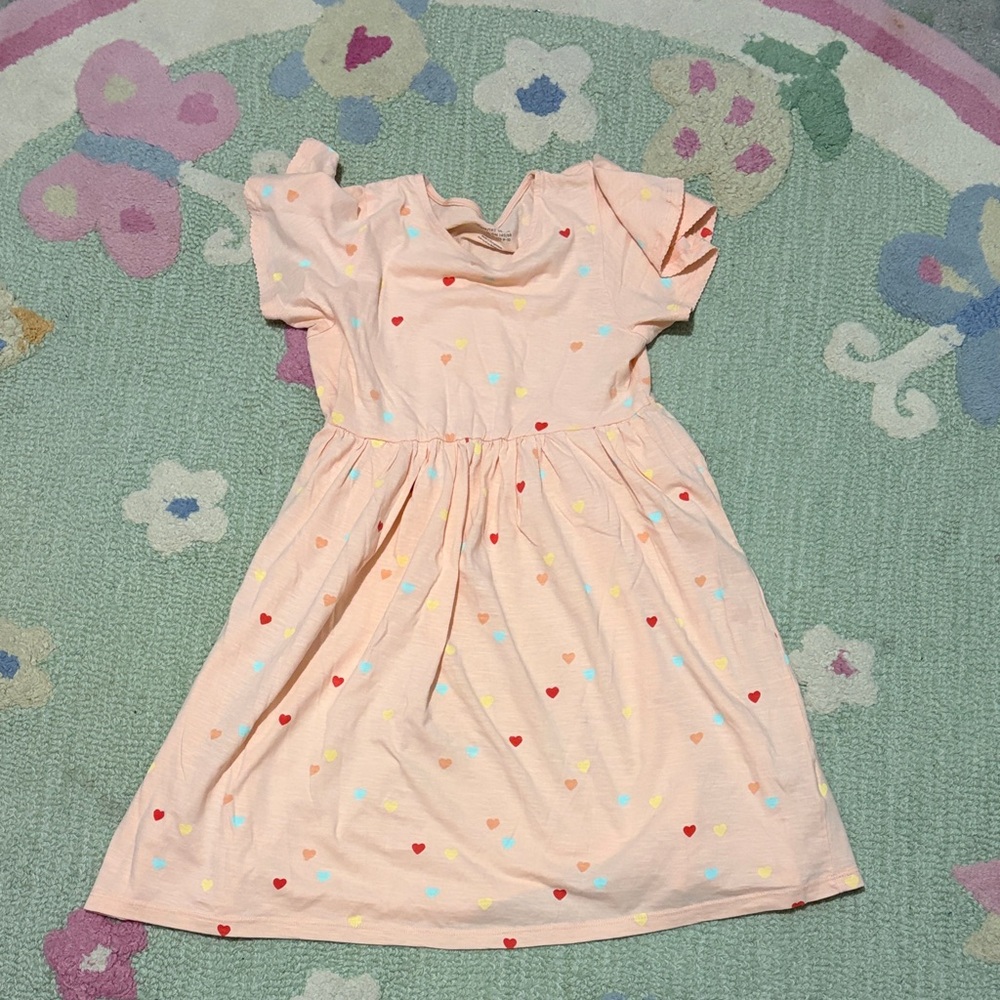 H&M Kids Girls Peach Heart Print Cotton Dress with Multicolor Hearts